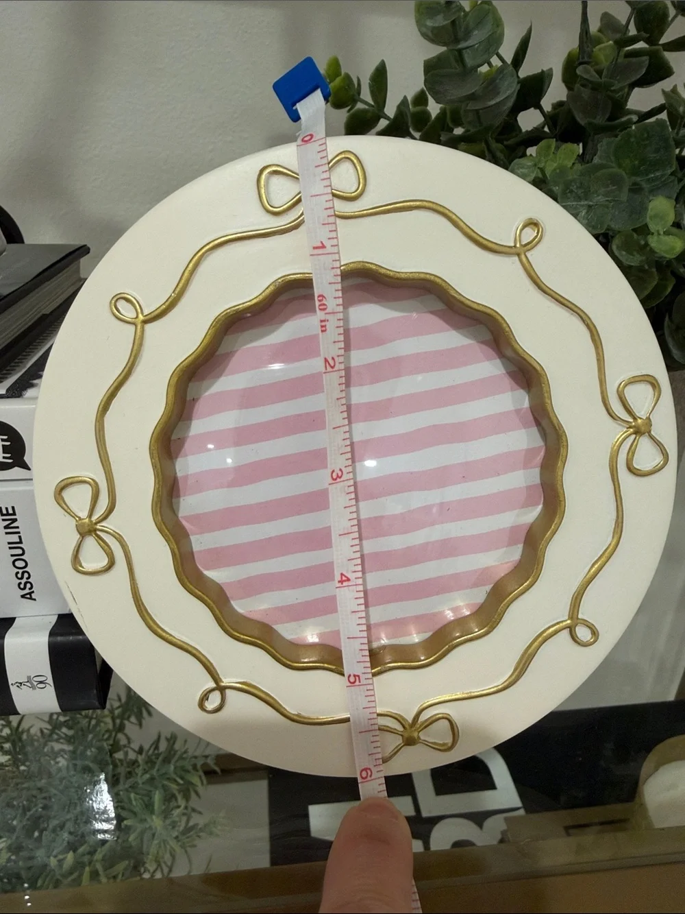 Round White Decorative Frame with Pink Stripe Insert